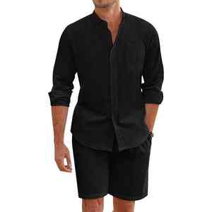 Conjunto de Ropa Casual de Playa de Dos Piezas de Algodón para Hombre, Camisa de Algodón Transpirable con Botones, Cuello Alto, Mangas Largas, Pantalones Cortos de Secado Rápido - Product Image 4