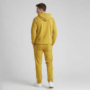 Conjunto Deportivo de Dos Piezas para Hombre, Sudadera con Capucha y Pantalones Deportivos Amarillos Texturizados, Estampado Geométrico, Ropa Deportiva Informal - Product Image 2