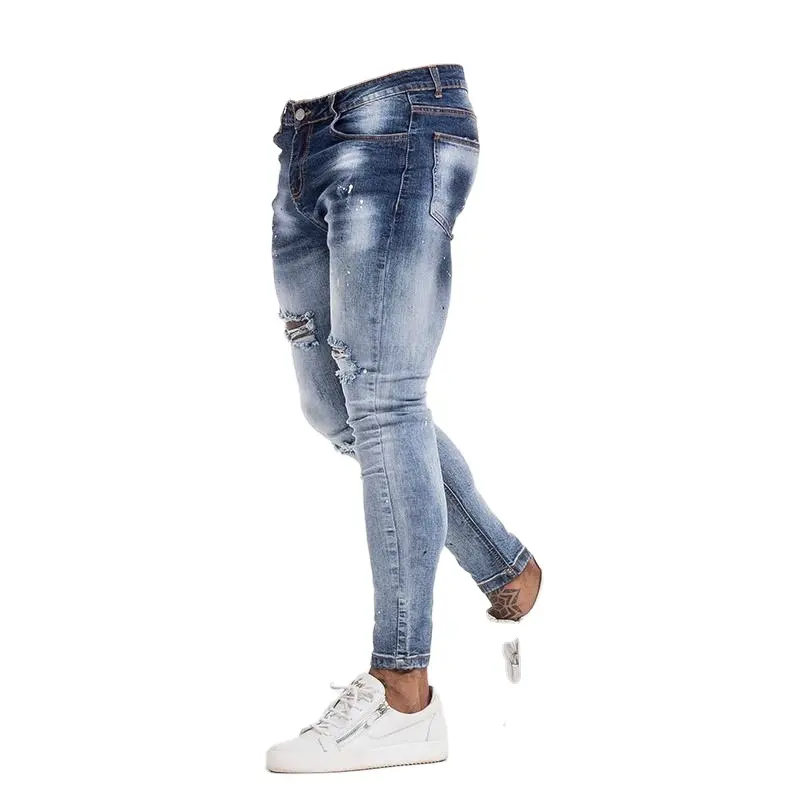 Calça jeans masculina azul de destroyer por atacado calças jeans justas rasgadas justas para homens