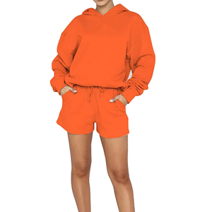 ชุดเสื้อฮู้ดดี้และกางเกงขาสั้นผู้หญิง ทรงปกติ สไตล์ลำลอง สำหรับใส่ในฤดูร้อน แฟชั่นใส่ได้ทุกวัน ความยาวเหนือเข่า ผ้าแคนวาสสีพื้น - Product Image 6