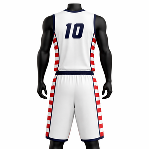 Ensemble de maillots de basket-ball unisexes personnalisés à manches courtes avec logo sur le devant, rayures blanches et rouges, col en V, sublimé, respirant, en polyester, taille adulte - Product Image 6