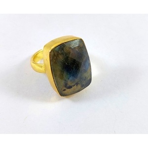 <b>Adjustable</b> Brass <b>Ring</b> 18K Gold Plated Labradorite Gemstone Casual Style Bezel Setting Free <b>Size</b> Gift - Product Image 1