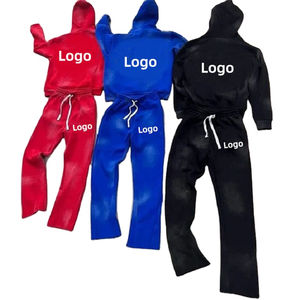 Ventes en gros de survêtements deux pièces d'hiver personnalisés avec logo, pantalon de survêtement évasé vintage délavé à l'acide, sweat-shirt, impression sérigraphique, broderie, DTG - Product Image 2