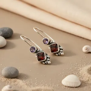 Boucles d'oreilles pendantes vintage en argent tibétain avec grenat et améthyste, design géométrique pour femme, bijoux de mariage - Product Image 2