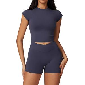 Conjunto de ropa deportiva de 2 piezas personalizada para mujer al por mayor, Camisa ajustada de Color sólido y pantalones cortos, nuevo verano informal - Product Image 1