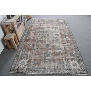 Turkish Vintage Rug, 4.9x8.1 ft Area Rug, <b>Brown</b> Blue Ikat <b>Wool</b> Rug - Product Image 1