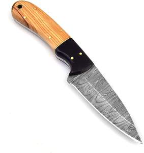 Cuchillo de caza de hoja fija de acero de Damasco hecho a mano con cubierta de cuero cuchillos de desollado con mango de madera - Product Image 1