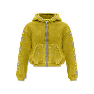 OEM Custom Heavyweight Cotton Mens <b>Hoodie</b> <b>Zip</b>-<b>Up</b> Sun Faded Acid Washed Winter Gem Stones <b>Cropped</b> <b>Hoodie</b> with Customised Stones - Product Image 2