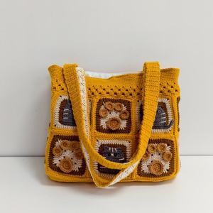 Sac carré à bandoulière marron pour femme, fait main, créatif, avec motif chaton de dessin animé, fermeture éclair, broderie, deux poignées portables, tendance - Product Image 2