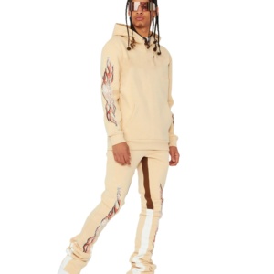 Conjunto de 2 Piezas de Moda Vintage de Invierno 2024 para Hombre, Pantalones Deportivos Acampanados con Capucha y Bloques de Color, Tallas Grandes - Product Image 1