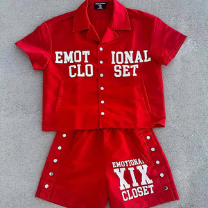 Chemise d'été 2 pièces en coton à col boutonné pour hommes, short de sueur imprimé sur mesure, nouvel ensemble de t-shirts de style Street Wear - Product Image 1