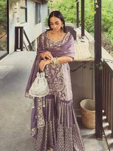 Nouvelle série de tenues de soirée pour femmes, ensemble Sharara et Dupatta, tenue ethnique élégante pour les fêtes et les mariages - Product Image 3