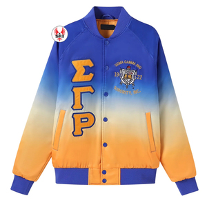 Veste Sigma Gamma Rho Ambre en satin personnalisée pour décoration de bouton de crête de sororité brodée de garniture de ruban de saison de printemps de taille plus - Product Image 1