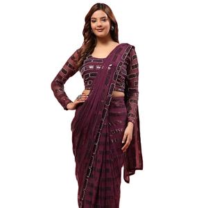 Listo para usar Diseñador Pure Georgette Lentejuelas Bordado Blusa Sari con mangas completas para mujeres - Product Image 1