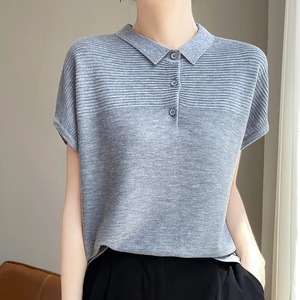 เสื้อยืดผู้หญิงผ้าถักเนื้อละเอียดใหม่เสื้อสเวตเตอร์ลำลองแขนสั้นเสื้อโปโลเสื้อเบลาส์เสื้อผ้าสตรีเสื้อทรงหลวมฤดูร้อน - Product Image 6