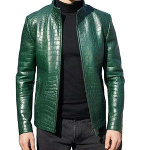 Mens Genuine Leather <b>Jacket</b> Crocodile Pattern Stand Collar <b>Zip</b> <b>Up</b> Winter Streetwear Motorcycle Biker Coat Custom Logo - Product Image 2