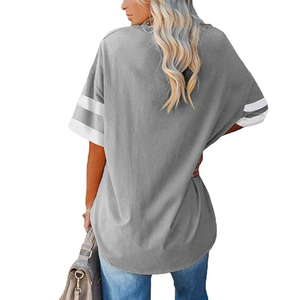 T-shirt à col rond gris clair à manches mi-longues surdimensionnées pour femmes coupe ample respirant toile broderie décoration Style d'impression décontracté - Product Image 4