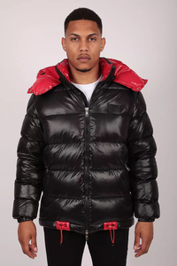 Veste matelassée noire brillante pour hommes Offre Spéciale avec capuche rouge manteau en duvet d'hiver coupe-vent brillant vestes Streetwear isolées chaudes pour hommes - Product Image 3