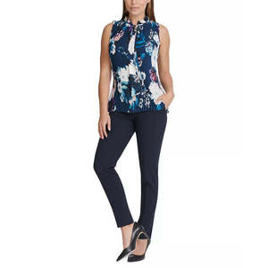 Top Corto Plissettato Floreale con Fiocco sul Colletto per Donna DKNY, Traspirante, Tessuto, Blu, Taglia L - Product Image 3