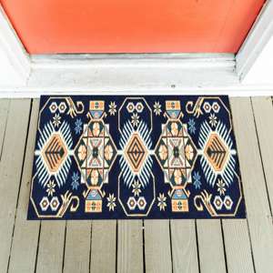Navy Printed Rug with Vintage Turkish Design and Geometric Pattern,Velvet Rug - Product Image 5