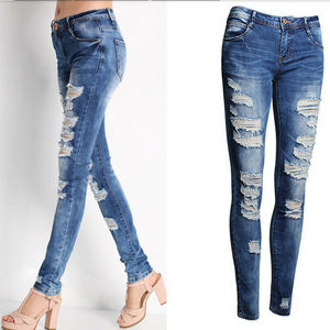 Latest Fashion Clothing Denim Leggings Trousers Pants Sexy Mid Rise Fitted Soft Distressed Ripped Skinny <b>Women</b> Breathable <b>Jeans</b> - Product Image 4