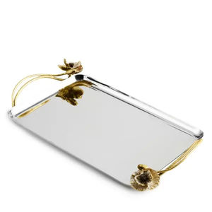 Plateau de service moderne de grande taille en acier inoxydable argenté avec poignée en métal en laiton au design floral à vendre - Product Image 1