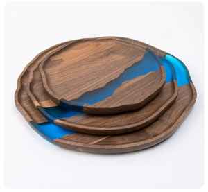 Handcrafted Natural Wood & Resin <b>Decorative</b> Serving <b>Tray</b> With Metal Handles Glossy Finished <b>For</b> <b>Coffee</b> & Dining <b>Table</b> Decor - Product Image 5
