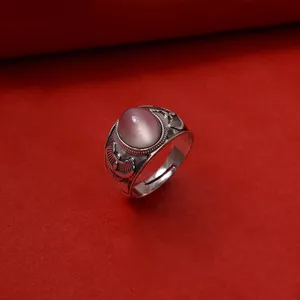 925 <b>Silver</b> Geometric <b>Cross</b> Pattern <b>Ring</b> with Rose Quartz Gemstone Rhodium Plated Fine Jewelry for Women Set with Ruby Inlay - Product Image 2
