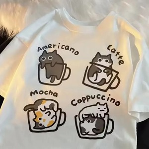 Camiseta informal de manga corta para parejas, versión coreana para hombres y mujeres, camiseta divertida con estampado de gato de dibujos animados para mujeres de talla grande - Product Image 2