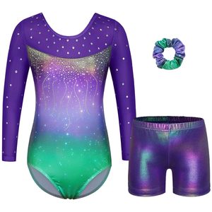 Ensemble justaucorps à manches longues avec short pour filles, orné de strass dégradés, tenue élégante de gymnastique pour la danse et les spectacles - Product Image 1