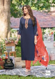 Dernière collection de Kurtis et pantalons pour femmes en soie premium brodée à la main, multicolores, avec dupatta en organza numérique, vêtements indiens et pakistanais - Product Image 3