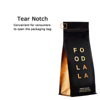 Sac d'emballage alimentaire à fond plat avec fermeture éclair, finition mate, or, noir, blanc, OPP/VMPET/PE, 500g, 17,6oz, 1,1lb, 150 microns