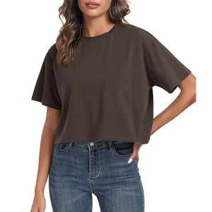 Camisetas recortadas de entrenamiento de gran tamaño, camisetas de punto sólido teñidas con hilo para mujer de talla grande, camisetas informales de manga corta con cuello redondo para mujer - Product Image 3