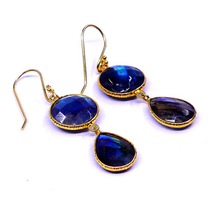 <b>Wedding</b> Wear 925 Sterling Silver <b>Gold</b> Plated Labradorite Gemstone Classic Hanging Ladies Wear Drop Earrings - Product Image 1