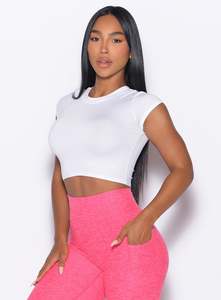 Prix usine blanc femmes Flex Crop Top quatre voies extensible beurre doux respirant Fitness et entraînement haut court t-shirts pour les femmes - Product Image 2