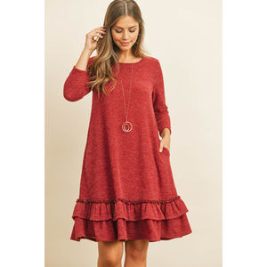 Vestido de punto de ganchillo de manga tres cuartos con volantes en capas y corte imperio, color liso, para oficina, fiesta, formal, tallas XS-XL, para primavera y otoño. - Product Image 1