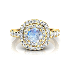 High Quality <b>Rainbow</b> Moonstone 52 Diamonds 5mm <b>Cushion</b> Cut Prong Set Double Halo Half Eternity Band Solid Gold Rhodium Plated - Product Image 4