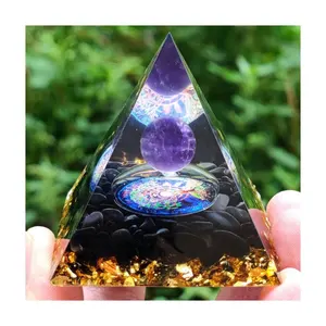 Groothandel Black Obsidian Amethist Bol Boom Van Leven Orgonite Piramide Natuurlijke Kristal Steen Orgone Piramide Emf Bescherming