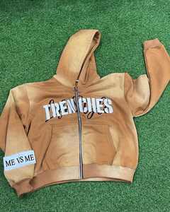 Sudadera con Capucha para Hombre, Estilo Vintage, Personalizada por el Fabricante, de Felpa Francesa, Corta, con Estampado Puff, Cierre de Cremallera, Lavado Ácido Desgastado, con Gráficos de Pedrería - Product Image 4