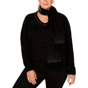 Karen Scott <b>Women's</b> Basic Casual Cardigan Embellished <b>Scarf</b> Sweater with Front Logo Breathable Warm Winter Black Small Size - Product Image 1