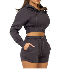 Wholesale <b>Cropped</b> Long Sleeve <b>Hoodie</b> <b>Zip</b> <b>up</b> Blank Yoga Shorts Set Lounge Set Womens 2 Piece Sets Custom Made Winter Wear - Product Image 1