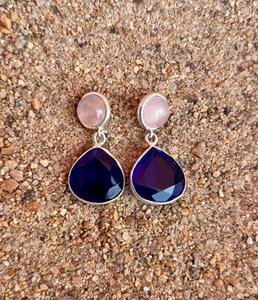 925 Plata de Ley zafiro azul con cuarzo rosa pendiente hecho a mano hermoso pendiente de mujer hermoso pendiente de piedra azul. - Product Image 1