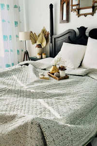 Sage Green Geometrical Hand Block Print Reversible <b>Quilt</b> 200 GSM Cotton Filled Hand Stitched 90 X108 Inches Luxury <b>Bedding</b> <b>Quilt</b> - Product Image 2