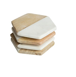 Posavasos de madera de mango y mármol Posavasos de mármol blanco de madera de acacia con círculo redondo Artesanía India hecha a mano - Product Image 6