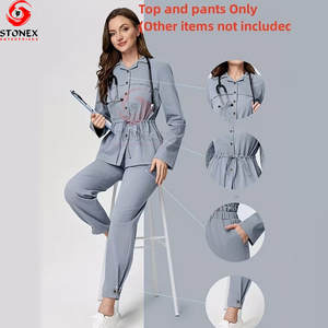 ชุดยูนิฟอร์มแพทย์แบบขายส่งสำหรับทุกเพศ กำลังเป็นที่นิยม คุณภาพสูง สีเทา ชุดพยาบาลแขนสั้น ผ้าถัก - Product Image 6