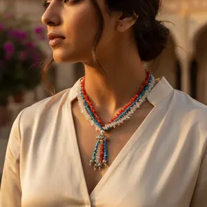 สร้อยคอประดับพลอยหลากสีสไตล์วินเทจสำหรับผู้หญิง  ประดับด้วยพลอยหลากชนิด เช่น โกเมน ควอตซ์ ไข่มุก เทอร์ควอยซ์ หยก  ดีไซน์น่ารัก - Product Image 1