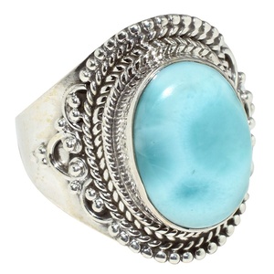 Anillos Hechos a Mano con Larimar en Forma Ovalada, Plateados en Plata, Estilo Bohemio, con Engaste de Bisel, Joyería para Compromiso y Boda - Product Image 1