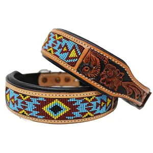 Cow Leather Soft Padded Dog Collars With Bead Work & Hand Tooled Design Customized Size Available For Pet Dog Uses Low Prices