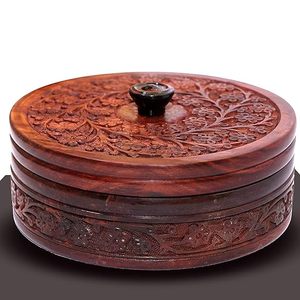 Boîte Chapati en bois Casserole Roti Boîtes Boîte de service Roti en bois avec couvercle en bois Forme ronde avec design imploré - Product Image 2