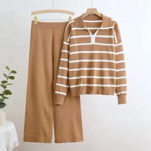 Conjunto de suéter para mujer, conjunto de dos piezas de pantalones de pierna ancha de punto suelto informal con rayas contrastantes europeas y americanas para mujer, envío directo - Product Image 2